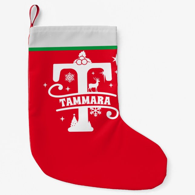 Letter T Christmas Monogram Initial Name Red White Small Christmas Stocking (Front)