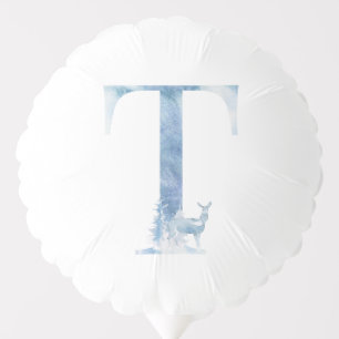 Letter T Dusty Blue Winter Forest Monogram Initial Balloon