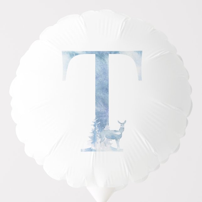 Letter T Dusty Blue Winter Forest Monogram Initial Balloon (Front)
