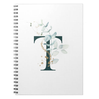 Letter T Eucalyptus and Gold Monogrammed  Notebook