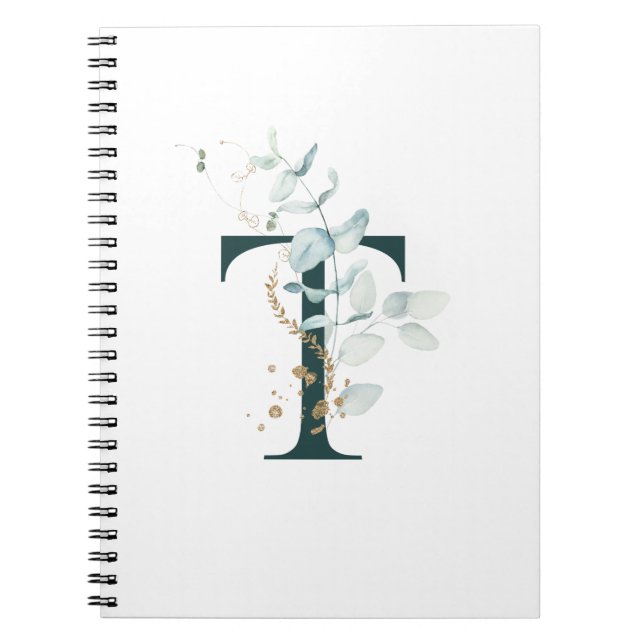 Letter T Eucalyptus and Gold Monogrammed  Notebook (Front)