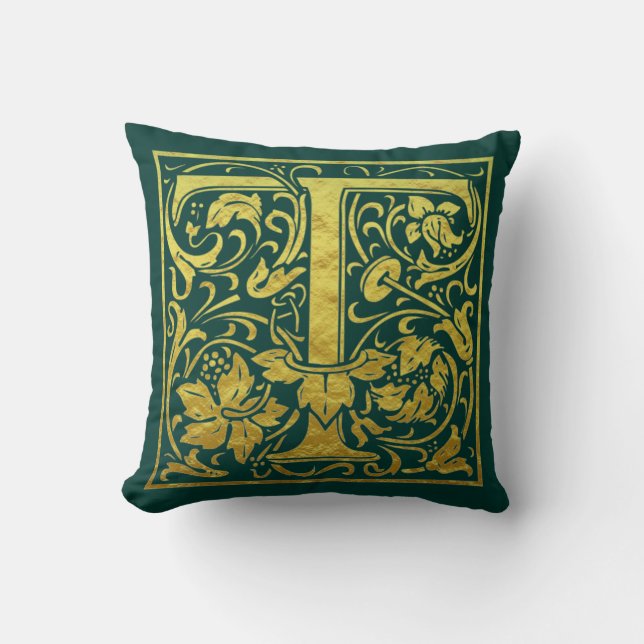 Letter T First Letter Faux Gold Green Throw Pillow (Front)