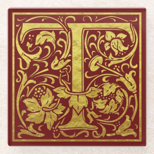 Letter T First Letter Faux Gold Red Glass Coaster