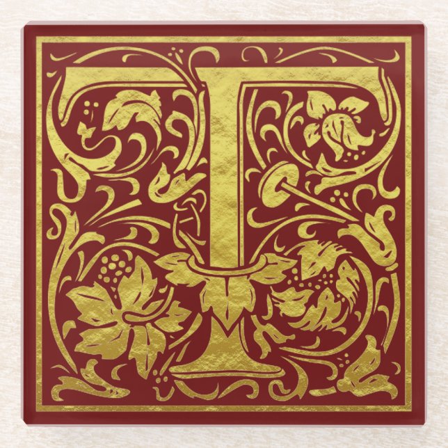 Letter T First Letter Faux Gold Red Glass Coaster (Front)
