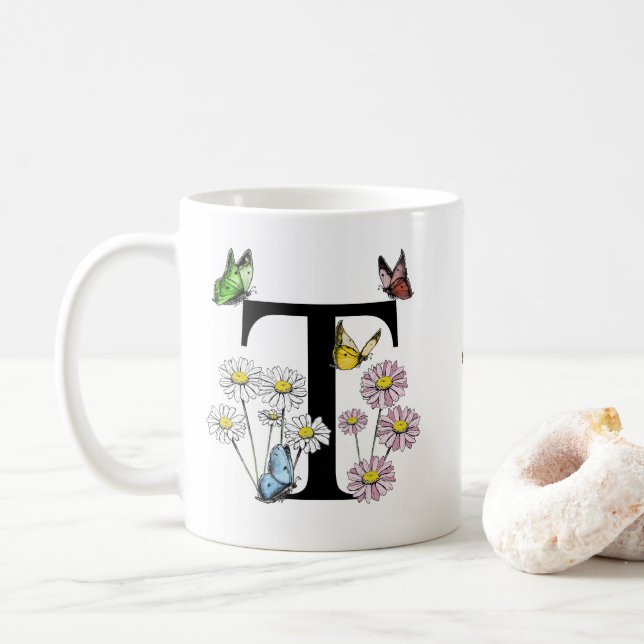 Letter T Floral Butterfly Monogram Initial   Coffee Mug (With Donut)