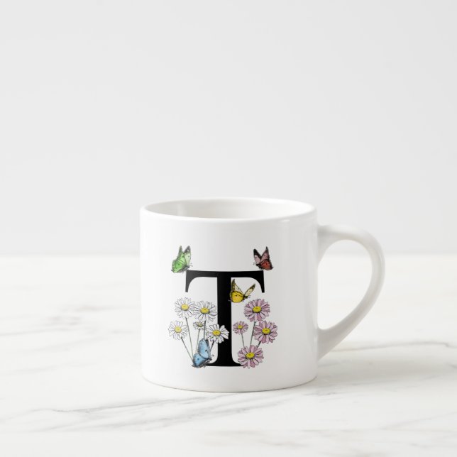Letter T Floral Butterfly Monogram Initial  Espresso Cup (Right)