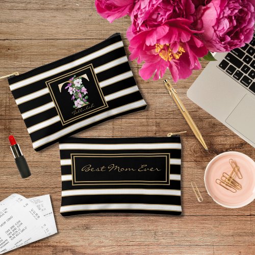 Letter T Floral Monogram Black White Gold Stripes Accessory Pouch