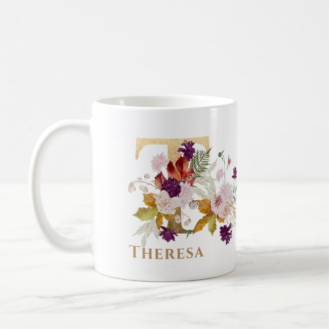 Letter T - Gold Floral Name sister coworker friend Coffee Mug (Left)