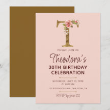 Letter T Gold Monogram Blush Pink Roses