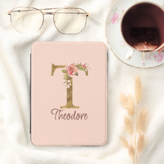 Letter T Gold Monogram Blush Pink Roses Kindle Cover
