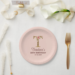 Letter T Gold Monogram Blush Pink Roses Paper Plates