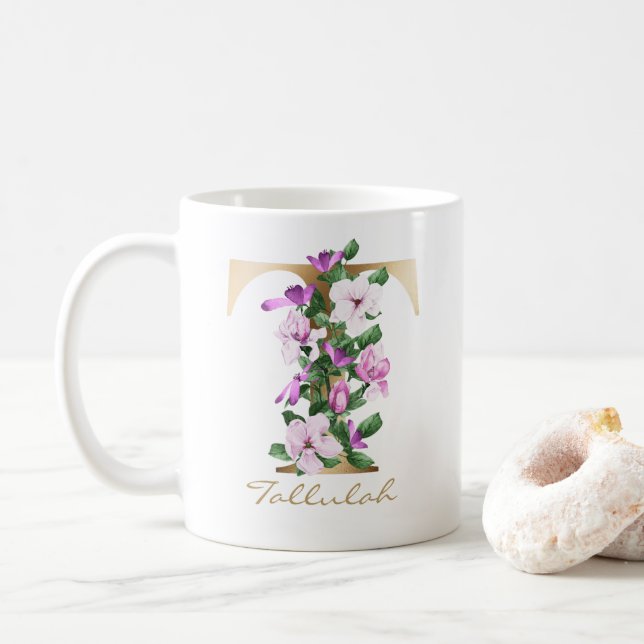 Letter T Gold Monogram White Magenta Purple Floral Coffee Mug (With Donut)