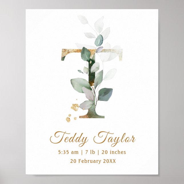 Letter T green & gold foliage Baby Birth Poster (Front)