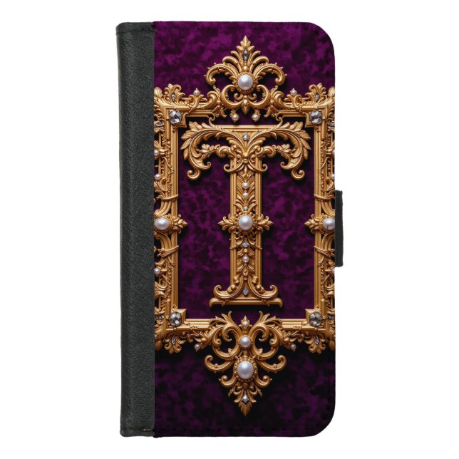 Letter T in Gold Ornamental Frame iPhone Wallet Case (Front)