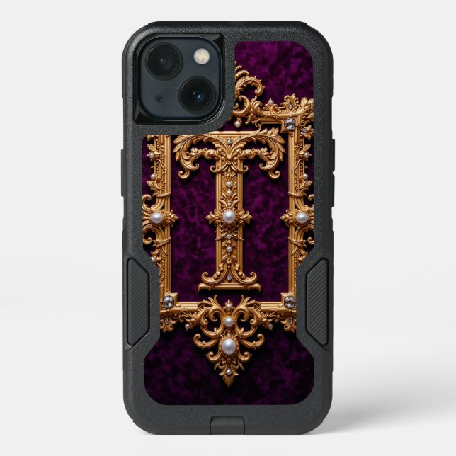 Letter T in Gold Ornamental Frame Otterbox iPhone Case (Back)