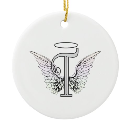 Letter T Initial Monogram with Angel Wings &amp; Halo Ceramic Ornament
