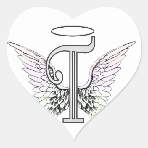 Letter T Initial Monogram with Angel Wings  Halo Heart Sticker
