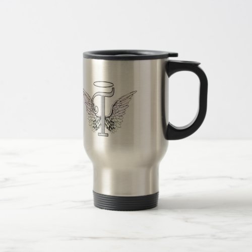 Letter T Initial Monogram with Angel Wings  Halo Travel Mug