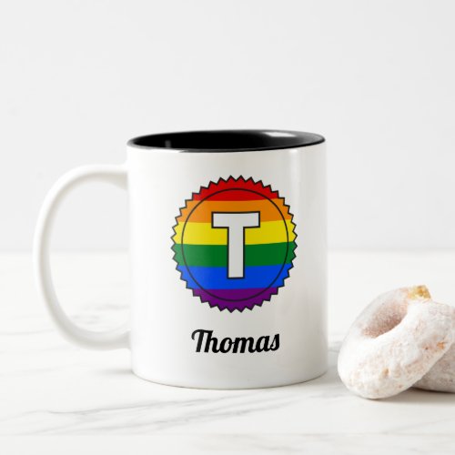 Letter T Initial  Name Gay Pride Rainbow Monogram Two_Tone Coffee Mug