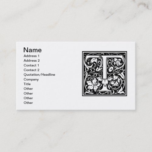 Letter T Medieval Monogram Art Nouveau Business Card