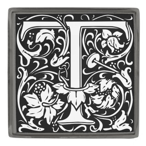Letter T Medieval Monogram Art Nouveau Gunmetal Finish Lapel Pin