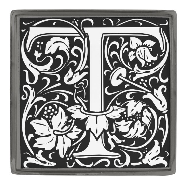 Letter T Medieval Monogram Art Nouveau Gunmetal Finish Lapel Pin (Front)