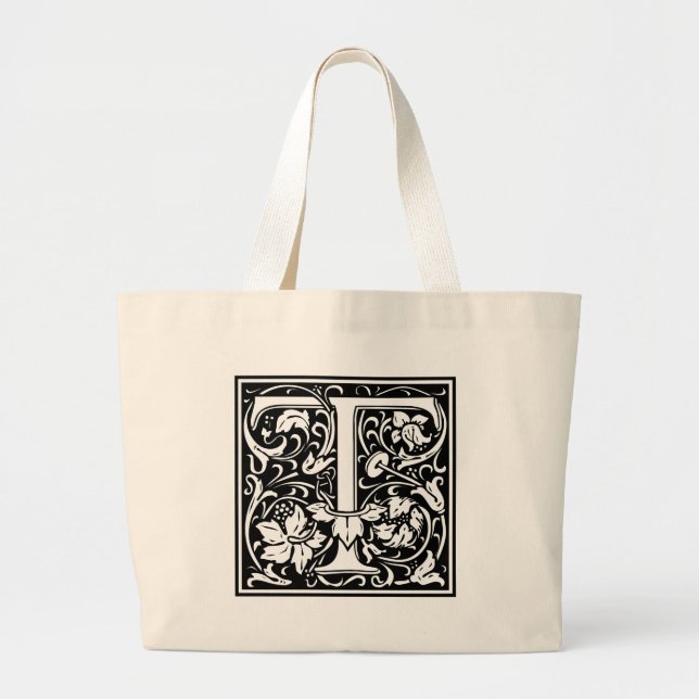 Letter T Medieval Monogram Art Nouveau Large Tote Bag (Front)