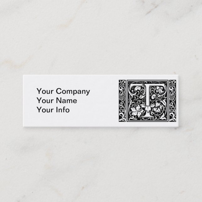 Letter T Medieval Monogram Art Nouveau Mini Business Card (Front)