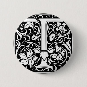 Letter T Medieval Monogram Art Nouveau Pinback Button