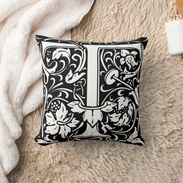 Letter T Medieval Monogram Art Nouveau Throw Pillow (Blanket)