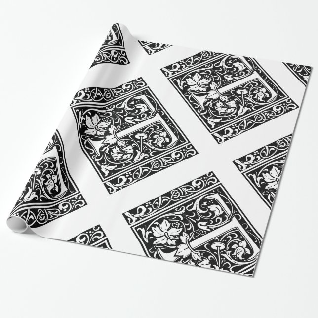 Letter T Medieval Monogram Art Nouveau Wrapping Paper (Unrolled)
