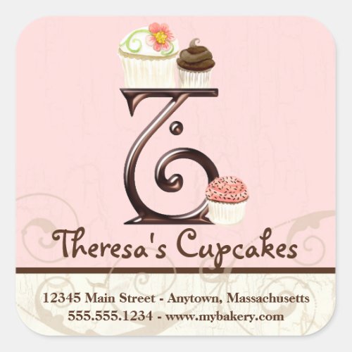 Letter T Monogram Cupcake Logo Business Identity Square Sticker