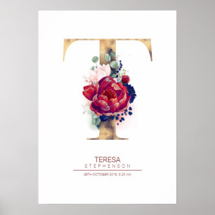 Letter T Monogram Floral Navy Blue and Burgundy Poster
