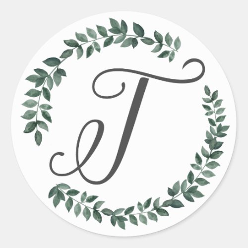 Letter T Monogram Minimalist Botanical Leaf Wreath Classic Round Sticker