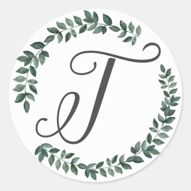 Letter T Monogram Minimalist Botanical Leaf Wreath Classic Round Sticker (Front)