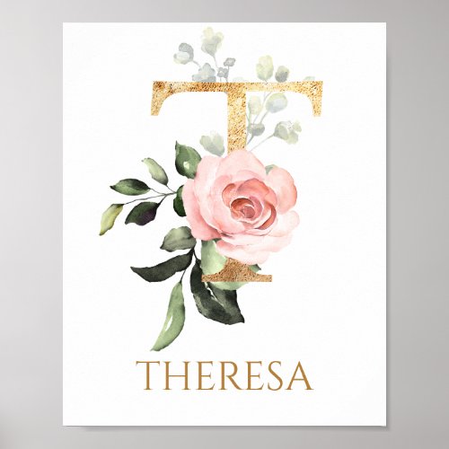 Letter T Monogram pink rose Nursery Poster