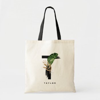Letter T Monogram | Tropical Leaves Bridesmaid Tote Bag by KeikoPrints at Zazzle