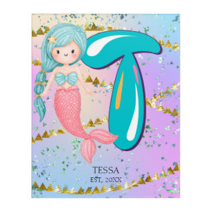 Letter T Monogram Watercolor Cute Mermaid Nursery Acrylic Print