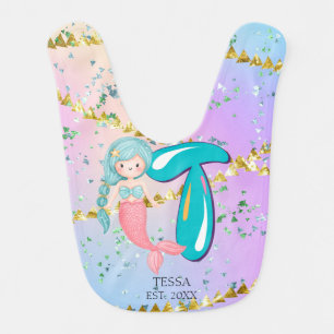Letter T Monogram Watercolor Cute Mermaid Nursery Baby Bib