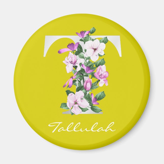 Letter T | Name | Floral White Metallic Monogram Magnet (Front)