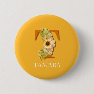 Letter T Sunflower Floral Monogram with Name Button