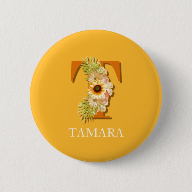 Letter T Sunflower Floral Monogram with Name Button (Front)