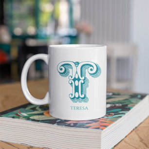 Letter T Teal Monogram Modern Name Coffee Mug