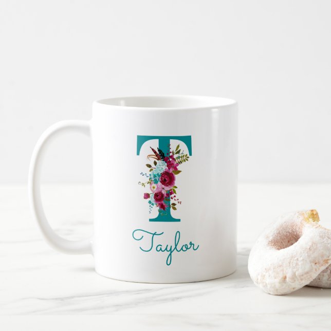 Letter T Teal Pink Floral Coffee Mug (With Donut)