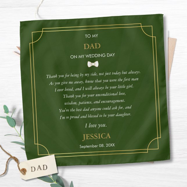 Letter To Dad On Daughter's Wedding Handkerchief  Bandana (Letter To My Dad Father of The Bride Gift From Daughter Handkerchief Olive Green Name & Wedding Date)