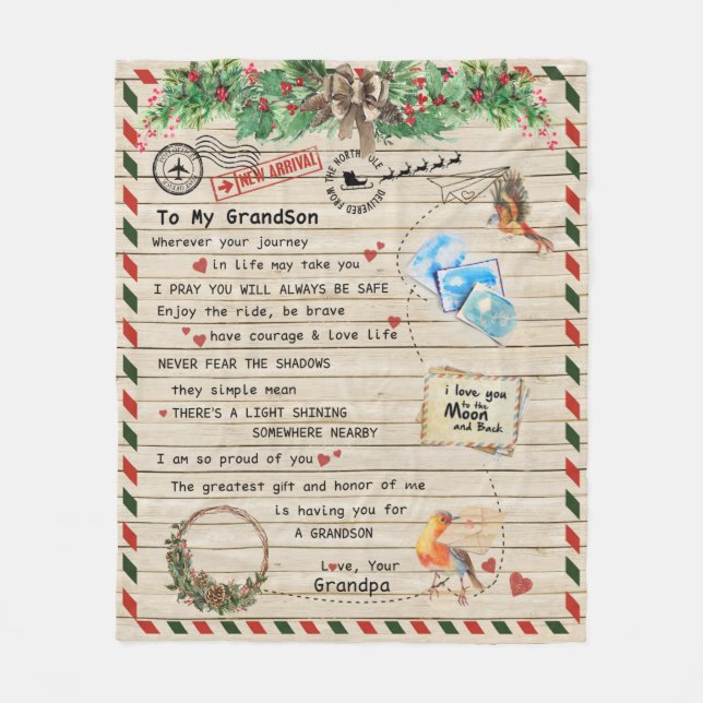 Letter To My Grandson From Grandpa Custom Gift Fleece Blanket (Front)