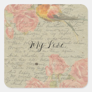 Letter to My Love Goldfinch Pink Roses Handwriting Square Sticker