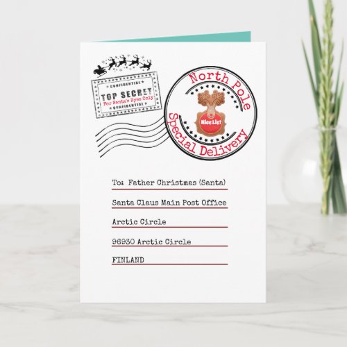 Letter to Santa North Pole with gift list Card