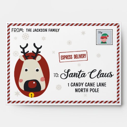 Letter to Santa w reindeer snowflakes  elf stamp Envelope