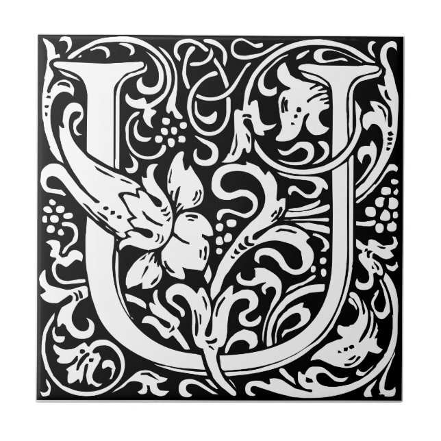 Letter U art nouveau black and white Tile (Front)